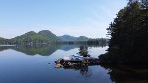 a small island in the middle of a lake at Lakefront Mountain View - Resort Access Loft in Lac-Superieur