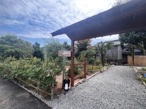 a black and white dog standing in a garden at はたご屋ちゅうべ in Taki