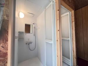 a shower in a bathroom with a glass door at はたご屋ちゅうべ in Taki