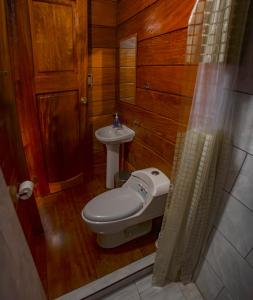 La salle de bains est pourvue de toilettes et d'un lavabo. dans l'établissement Coco house tambopata, à Puerto Maldonado