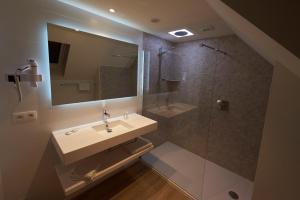 a bathroom with a sink and a shower at Hotel La Caleche in Durbuy