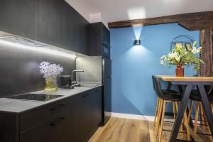 a kitchen with black cabinets and a blue wall at Loft Garmendia con PlayStation in Santander +29 photos
