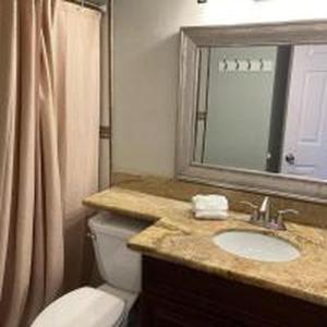 a bathroom with a toilet and a sink and a mirror at Beachfront View Condo at Casa Del Mar in Galveston