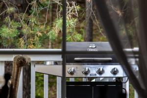 a stove top oven sitting on top of a grill at Pušyno apartamentai in Druskininkai