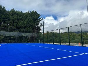 a tennis court with a blue tennis court at Hotel Alfonso I in Tui