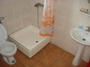 a bathroom with a shower and a toilet and a sink at Vila Bucura 19 A in Venus