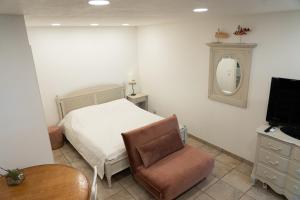 a bedroom with a bed and a chair and a mirror at Studija prie mariu . in Nida