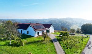 EltendorfKäferberghof im Burgenland, Komfortzimmer mit Frühstück, Bed & Breakfast, Urlaub am Bauernhof的绿色田野上的白色房子,有路
