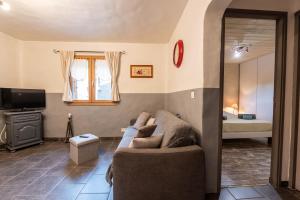 a living room with a couch and a television at Joli Appartement Sur Le Bois in Aigueblanche