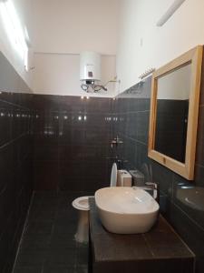 une salle de bain avec un lavabo, des toilettes et un miroir dans l'établissement Madhur Cottage Homestay, à Mukteswar 17 autres photos