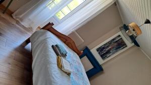 a person laying on top of a bed in a room at Chambre à la campagne in Bécheresse