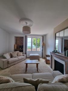 un salon avec deux canapés et une cheminée dans l'établissement Maison chaleureuse avec vue exceptionnelle, à Chaulgnes 21 autres photos