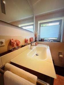 a bathroom with a white sink and a window at Ferienwohnung Lory mit Schlossblick in Halblech +25 photos