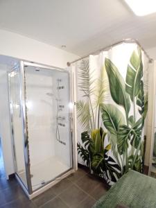 ein Bad mit einer Dusche und einem Wandbild von Pflanzen in der Unterkunft Appart paisible, propre et accueillant in Pers-Jussy + 28 Fotos