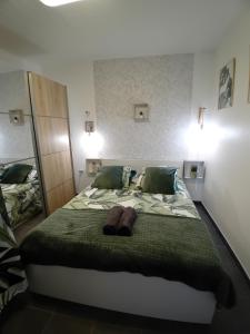 ein Schlafzimmer mit einem Bett und einem Handtuch darauf in der Unterkunft Appart paisible, propre et accueillant in Pers-Jussy