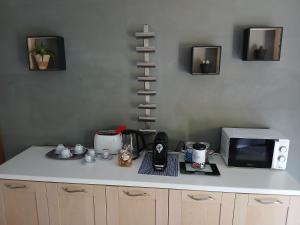 eine Küchentheke mit Mikrowelle und Fernseher in der Unterkunft Casa vacanza il colle del vento in Calosso
