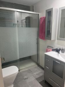 a bathroom with a shower and a toilet and a sink at apartamento preciosas vistas campoamor in Dehesa de Campoamor