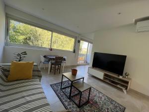 a living room with a couch and a flat screen tv at Balcon sur la rivière in Périgueux