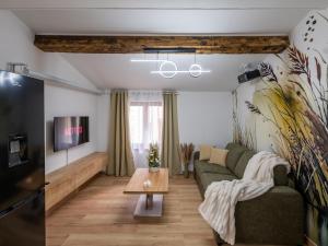 un soggiorno con un divano e una TV di La petite Rosée - Vienna authentica a Vienne