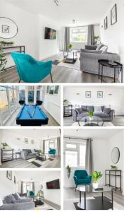 a collage of four pictures of a living room at Kent Haven - 3 bed house, Games room and Parking in Kent