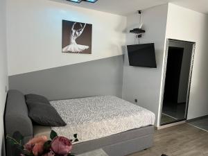 a small bedroom with a bed and a mirror at ApartmaSLB in Slovenska Bistrica