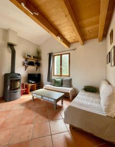 a living room with two beds and a wood stove at 349 Les Maridats in Bédoin