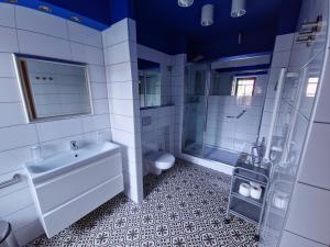a bathroom with a toilet and a sink and a shower at Jasny Dwór in Polanica-Zdrój +99 photos
