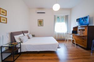 a bedroom with a bed and a desk and a television at Belle Viste - Boutique Apartments in Bettolle