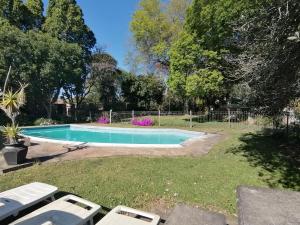 a swimming pool in a yard with two white chairs at AppleBee Guest Cottages in Grahamstown