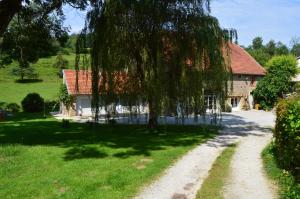 Ein Baum, der über einen Feldweg vor einem Haus ragt. in der Unterkunft Le Moulin au Fil de l'Eau in Verseilles-le-Bas