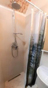 un baño con ducha y lavabo en Jonas Old Town Apartment, en Košice