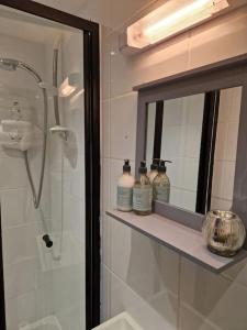 a bathroom with a shower and a mirror and a sink at The Nook- Cotswold guest room in Mickleton +21 photos