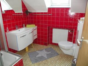 un bagno piastrellato rosso con servizi igienici e lavandino di Reiter- und Ferienhof Redder a Bad Driburg