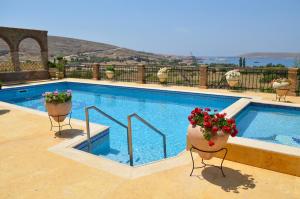 a swimming pool with two potted plants next to it at Lesvos Tower House Komninos in Sígrion