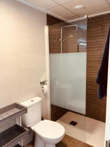 a bathroom with a toilet and a glass shower at Alicante City Beach Jacuzzi Luxury Penthouse with Rooftop Terrace in Gran Alacant +12 photos