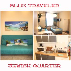 un collage de tres fotos de una sala de estar en Blue Traveler AC Apartment in Kazimierz, en Cracovia