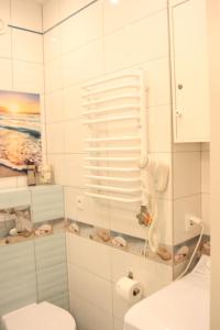 Un baño con inodoro y ducha de cristal. en Blue Traveler AC Apartment in Kazimierz, en Cracovia
