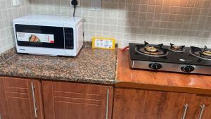 a microwave sitting on a counter next to a stove at Private room for ladies near metro in Dubai +10 photos