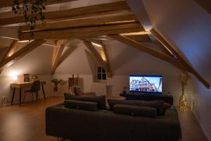 a living room with a couch and a tv at Le 1552 - Gîte de charme - Parking Gratuit in Bergheim