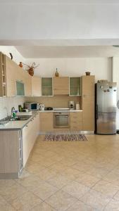 a large kitchen with a stainless steel refrigerator at Sea House Lahania in Lachania +40 photos