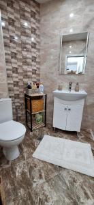 a bathroom with a toilet and a sink and a mirror at Home VIZA - 2 in Yambol