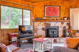 un salon avec une cheminée et une télévision dans l'établissement Serene Groveland Cabin Rental Near Yosemite!, à Groveland