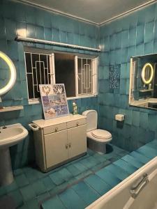 a blue tiled bathroom with a toilet and a sink at Durbanville Queens and Kings Guest House in Cape Town +71 photos