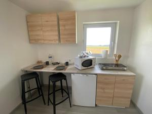 a small kitchen with a counter with a microwave and a counter top at Chambre safari individuelle avec partie commune A 6min de l A26 et 15 min de stOmer, lumbres et aire sur la lys in Ecques