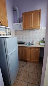 une cuisine avec un réfrigérateur blanc et des placards en bois dans l'établissement Krisjana Valdemara 39, à Daugavpils