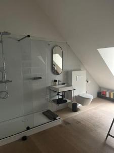a bathroom with a glass shower and a toilet at Art Studio Leuven in Leuven +61 photos