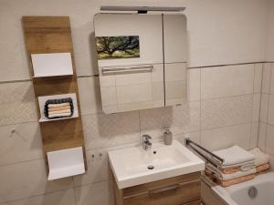 a bathroom with a sink and a mirror at Komfort-Ferienwohnung Auf der Eulenburg in Grafengehaig +42 photos