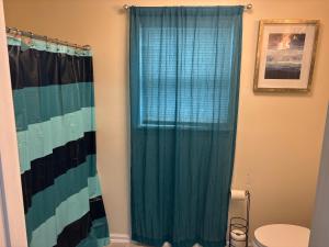 a bathroom with a green shower curtain and a toilet at Atlanta Quiet Private Room 2 in Atlanta +6 photos