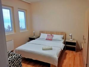 a bedroom with a large white bed with two windows at Villa Kalina in Ohrid
