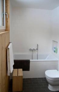 a bathroom with a white tub and a toilet at Modern Mountain Retreat in Mount Tremper +29 photos
